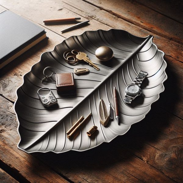 Brushed Metal Leaf Tray - Industrial Chic Organizer