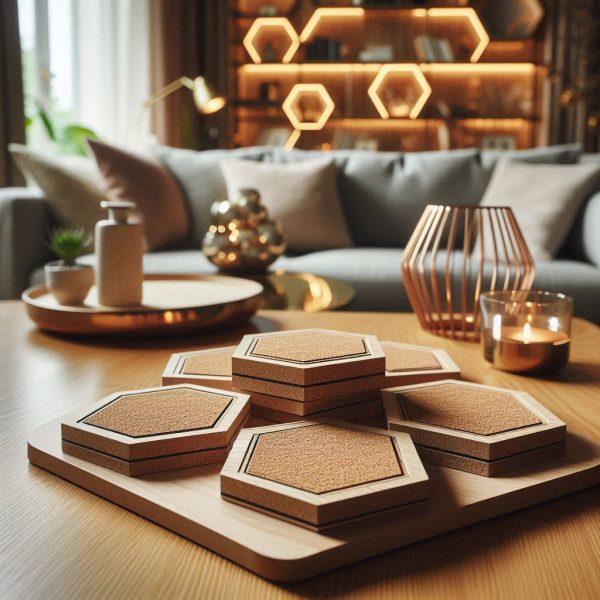 Cork Hexagon Coasters Set - Modern Geometric Accent