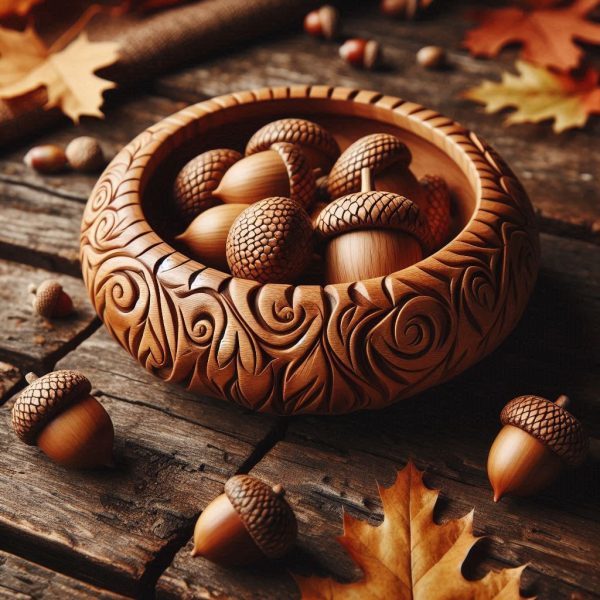Hand-carved Wooden Acorn Tray - Rustic Nature Accent